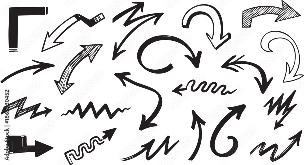 Fototapeta premium A collection of hand-drawn arrows in various styles and directions, including curved, zigzag, wavy, and straight designs.