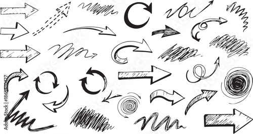 A diverse collection of hand-drawn black arrows and scribbles on a white background, illustrating various directions and styles for graphic design.