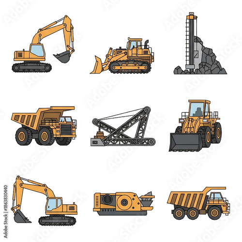 Collection of heavy construction and mining machinery including excavators, dump trucks, bulldozers, and drilling rigs