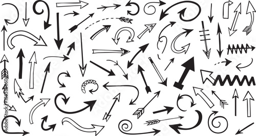 A diverse collection of hand-drawn arrows in various styles and directions, illustrating movement and guidance for design elements.