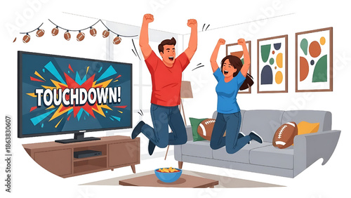 Excited couple jumping for joy in their living room, celebrating a thrilling touchdown victory while watching an intense football game on television
