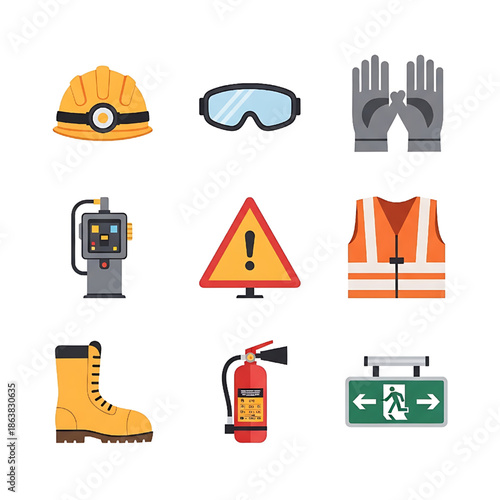 Essential industrial and workplace safety equipment and personal protective gear vector icons. Hard hats, safety glasses, gloves, and warning signs for hazard prevention