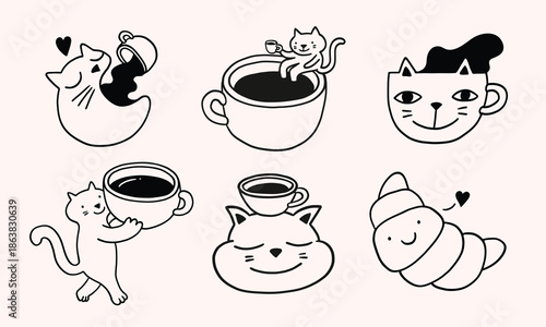 Set of coffee line doodle stickers, funny illustrations. Cup, mug, croissant, cat character, coffee addiction. Coffee illustration or icon. Cafe and coffeeshop design. Modern minimalist flat vector.