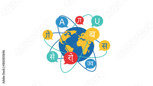 Global Communication Concept: Earth surrounded by speech bubbles with diverse languages and characters