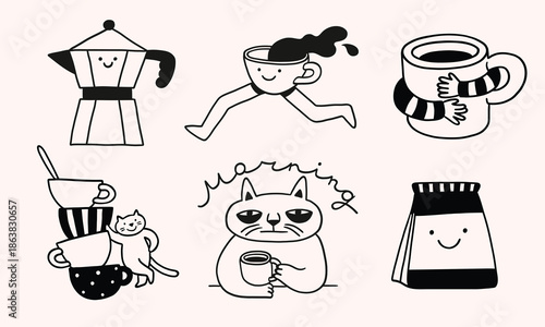 Set of coffee line doodle stickers, funny illustrations. Moka pot, cup with legs, hand hugging mug, many mugs, cat character. Coffee illustration or icon. Cafe and coffeeshop design. Modern minimalist