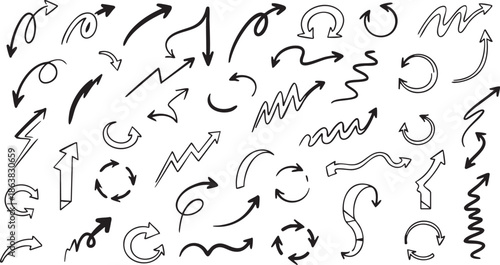 A large collection of hand-drawn doodle arrows in various styles and directions, isolated on a white background, perfect for design elements.