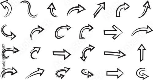 A collection of hand-drawn sketch arrows pointing in various directions, including curved, straight, and angled designs for user interface elements.