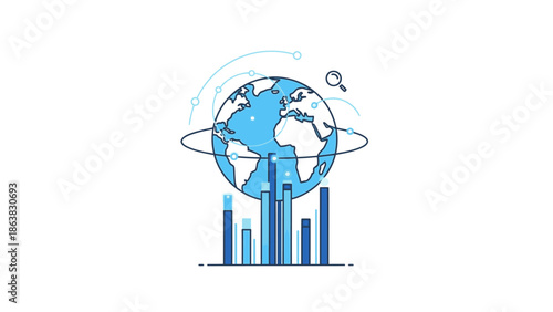 Global data analytics and statistics with earth, charts, and magnifying glass