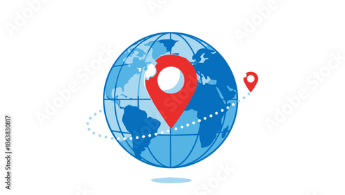 Global Navigation Concept: Earth with Navigation Pins and Travel Route