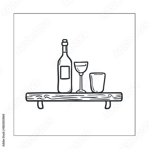 Drinks on a wooden shelf with wine bottle and glasses for entertaining