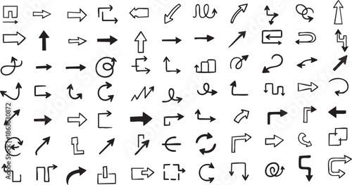 A collection of hand-drawn doodle arrows pointing in different directions, illustrating various movements and paths.