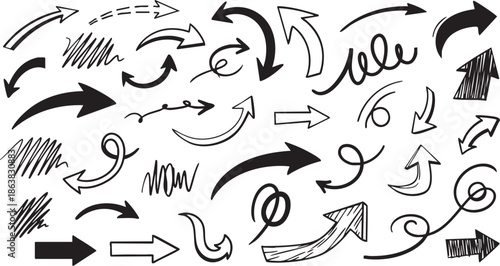 Diverse collection of hand-drawn arrows in various styles, directions, and shapes, isolated on a clean white background.