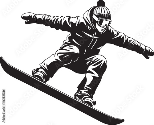 Black and white of a snowboarder in mid-air snowboarding winter sports 1 extreme sports action