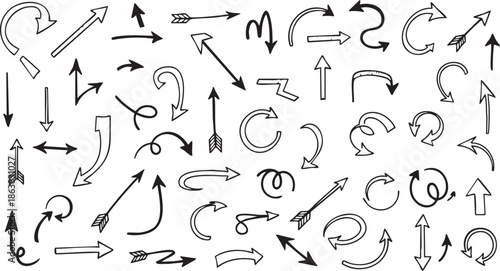 A large collection of hand-drawn doodle arrows in various styles and directions on a white background, illustrating movement and navigation.