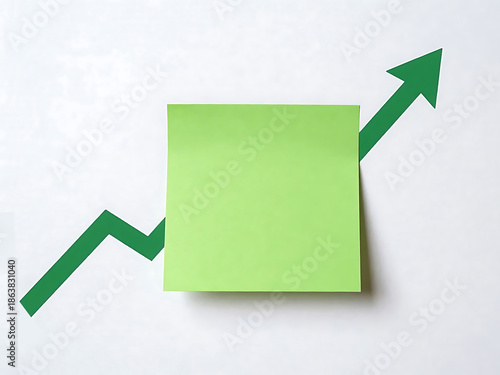 Obraz na plátne Post-it vert vierge avec espace vide pour du texte, et une flèche verte ascendante symbolisant la croissance et le progrès