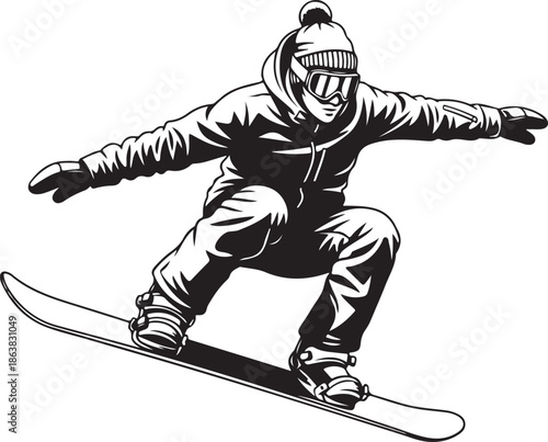 Black and white of a snowboarder in mid-air snowboarding winter sports 2 action