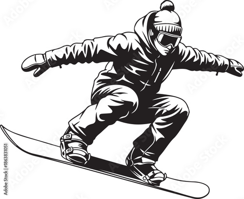 Black and white of a snowboarder in mid-air snowboarding winter sports action extreme sports