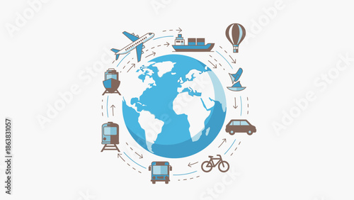Global Transportation Network: Earth with diverse transport modes and connection lines