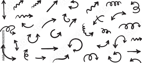 A diverse collection of hand-drawn black arrows in various styles and directions on a white background.