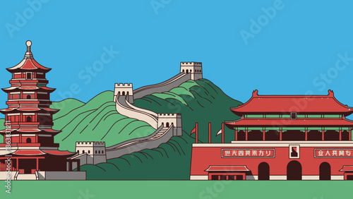 Great Wall of China Iconic Landmarks Vector Illustration