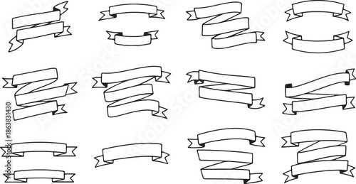 Collection of black and white hand drawn ribbon banners and labels blank empty