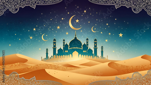 Golden Mosque Skyline in Desert Dunes at Night