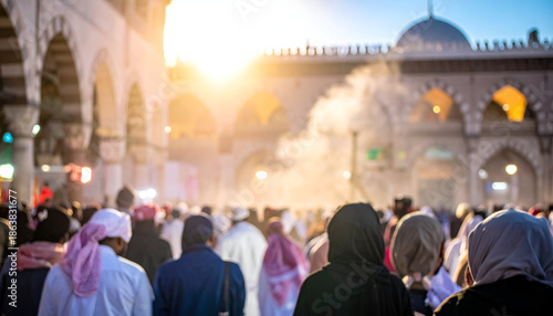 Crowd of People Gather in Courtyard During Sunset Celebration