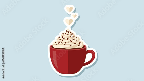 Hot Chocolate Cup with Whipped Cream and Hearts, Cozy Drink Illustration