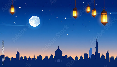 Moonlit City Skyline with Hanging Lanterns Over Desert Sunset