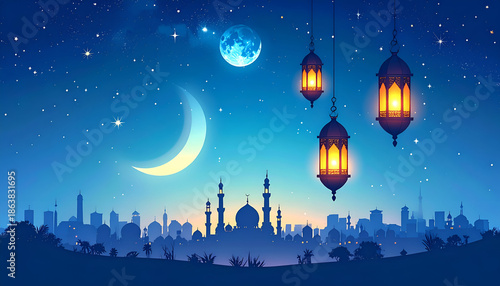 Moonlit Cityscape with Crescent Moon and Hanging Lanterns