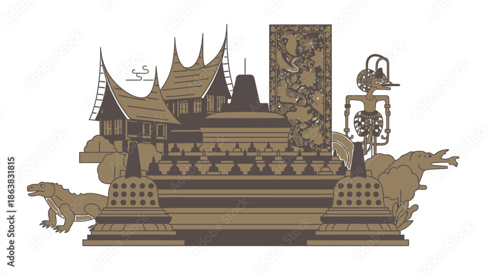 Obraz premium Indonesia Cultural Collage: Borobudur, Wayang, Traditional Houses, Komodo Dragon