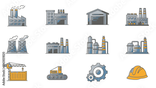 Industrial Icons Set: Factories, Power Plant, Crane, Truck, Gears, Hard Hat