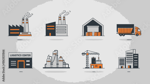 Industrial Icons Set: Factories, Warehouse, Logistics, Crane, Truck, Buildings