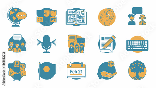 International Mother Language Day Icons Set: Communication, Education, Diversity & Culture