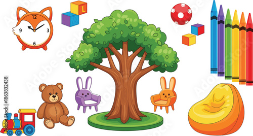 Vector illustration set of colorful kids nursery items including a fox wall clock teddy bear toy train crayons tree and rabbit chairs.
