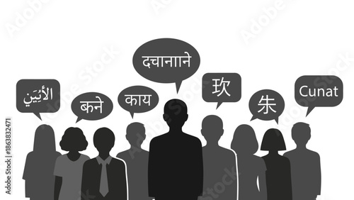 Multilingual communication concept: diverse group of people speaking different languages