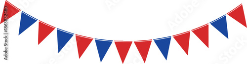 Red and blue triangular bunting flags strung in a curve on a white background