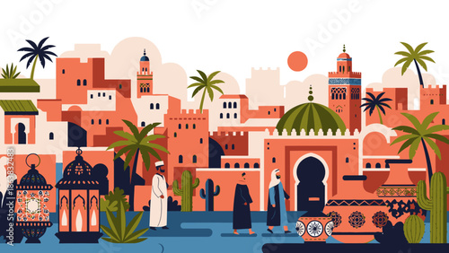 Moroccan Cityscape with People, Lanterns, and Palm Trees - Flat Illustration