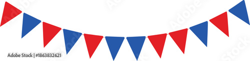 Red and blue triangular bunting flags strung together on a white background party celebration decoration