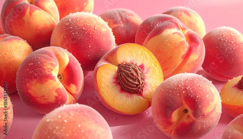 Fresh Peaches on Pink Background - A Vibrant and Juicy Display.