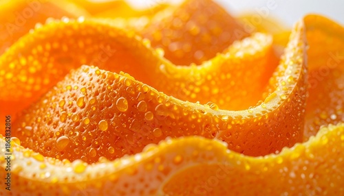 Close-up of Textured Orange Peel with Water Droplets.