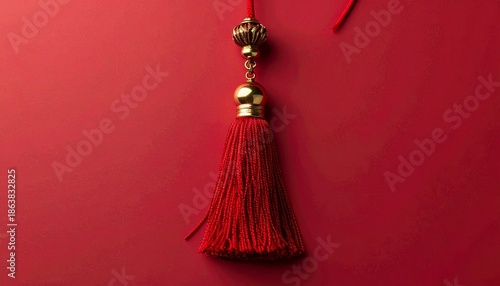 Elegant red tassel against a vibrant red background, close-up.