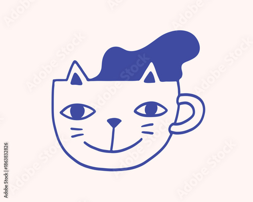 Concept character, cup looking as cat's head, caffeine addicted character. Coffee illustration or icon. Cafe and coffeeshop design. Modern minimalist flat vector art. Perfect for coffee stores, print