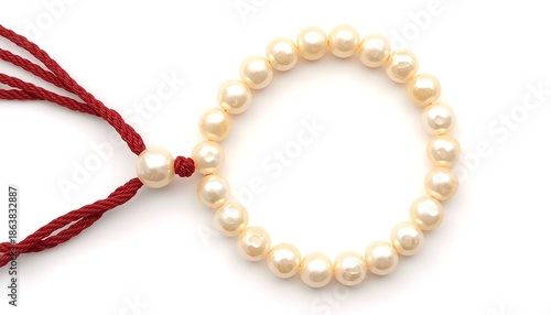A beautiful pearl bracelet with a red cord on a white background ramadan kareem mubarak
