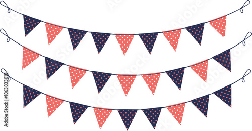Three rows of navy blue and coral polka dot bunting flags on white background party celebration decoration