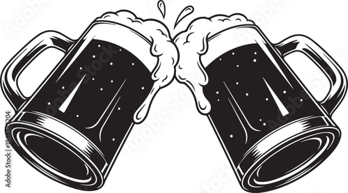 Two frothy beer mugs clinking together in a toast celebration