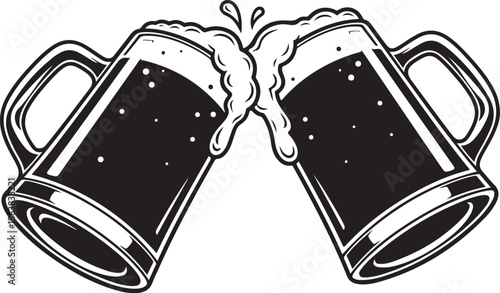 Two dark beer mugs clinking with overflowing foam and bubbles toasting celebration