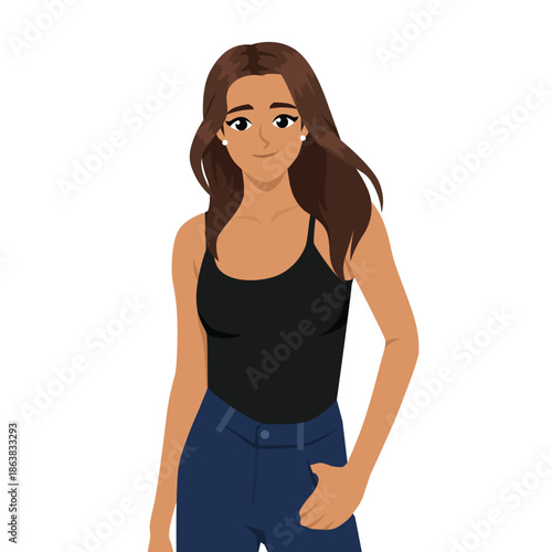 Smiling young woman wearing a black tank top and jeans, perfect for lifestyle. Flat Vector character illustration