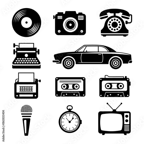 A collection of icons depicting vintage technology like a record player, camera, and rotary phone. Each icon is minimalist in style.