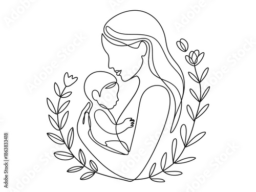 A minimalist line drawing depicts a mother tenderly holding her child.